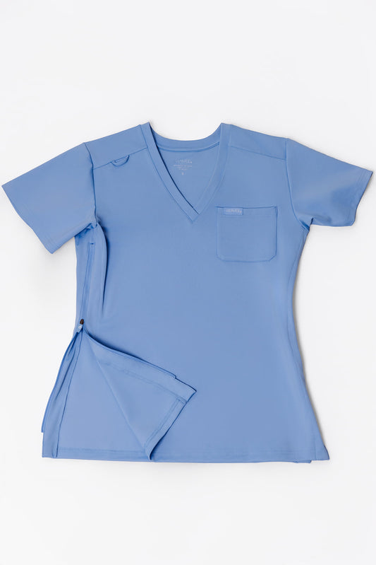 Vervee Scrubs Essential Scrub Top Ceil Blue with side zipper for maternity, postpartum, nursing, pumping, and breastfeeding