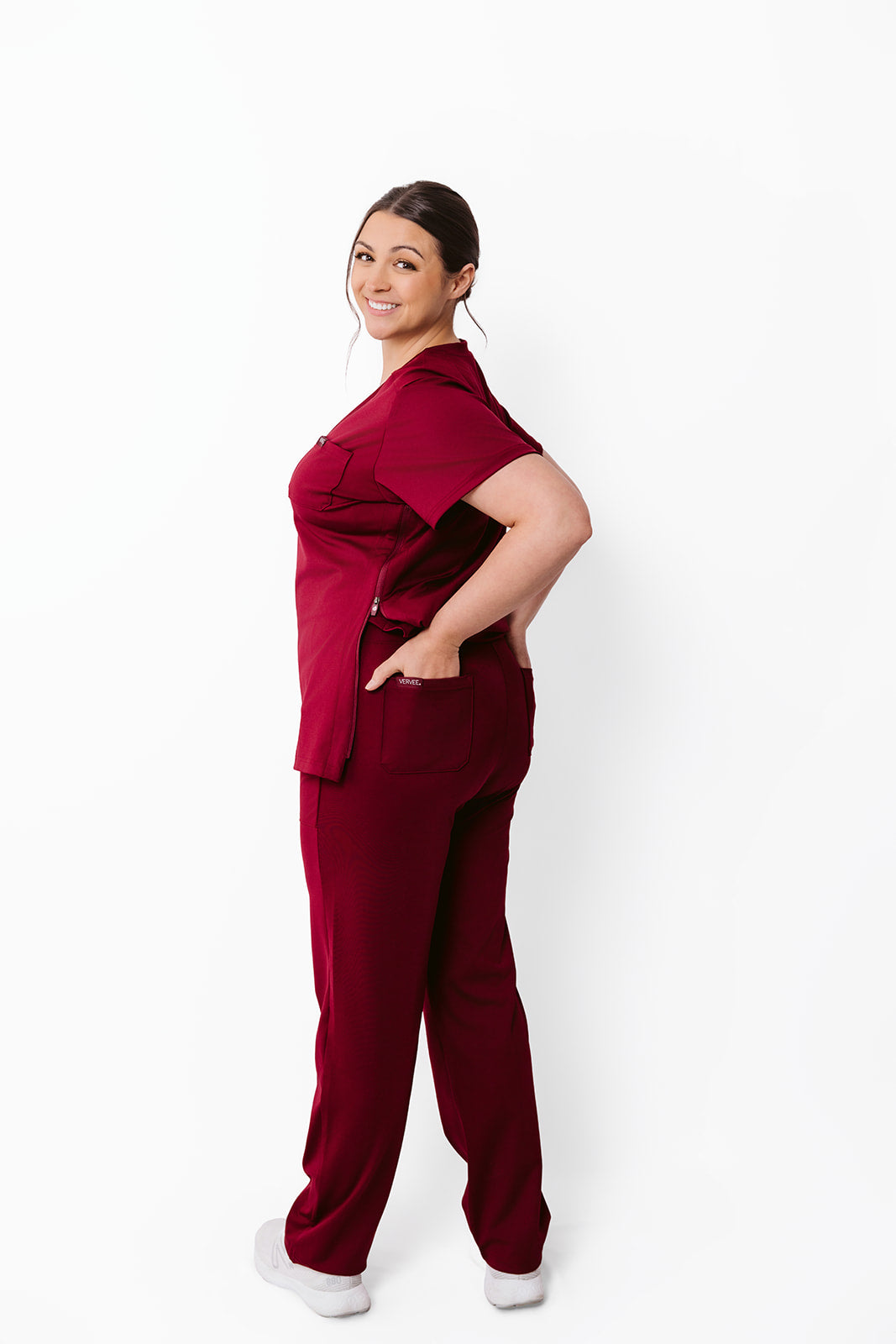 Vervee Scrubs Essential Straight Leg Pants and Scrub Top with Zipper for Women in Maroon, luxury, stretchable, plus size
Maternity, postpartum, nursing, pumping, breastfeeding