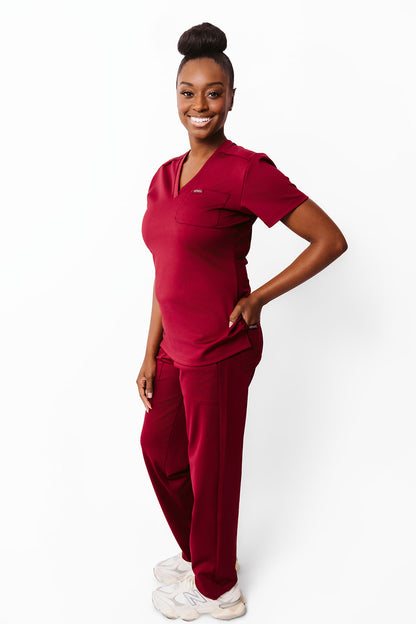 Vervee Scrubs Essential Straight Leg Pants and Scrub Top for Women in Maroon, luxury, stretchable, plus size